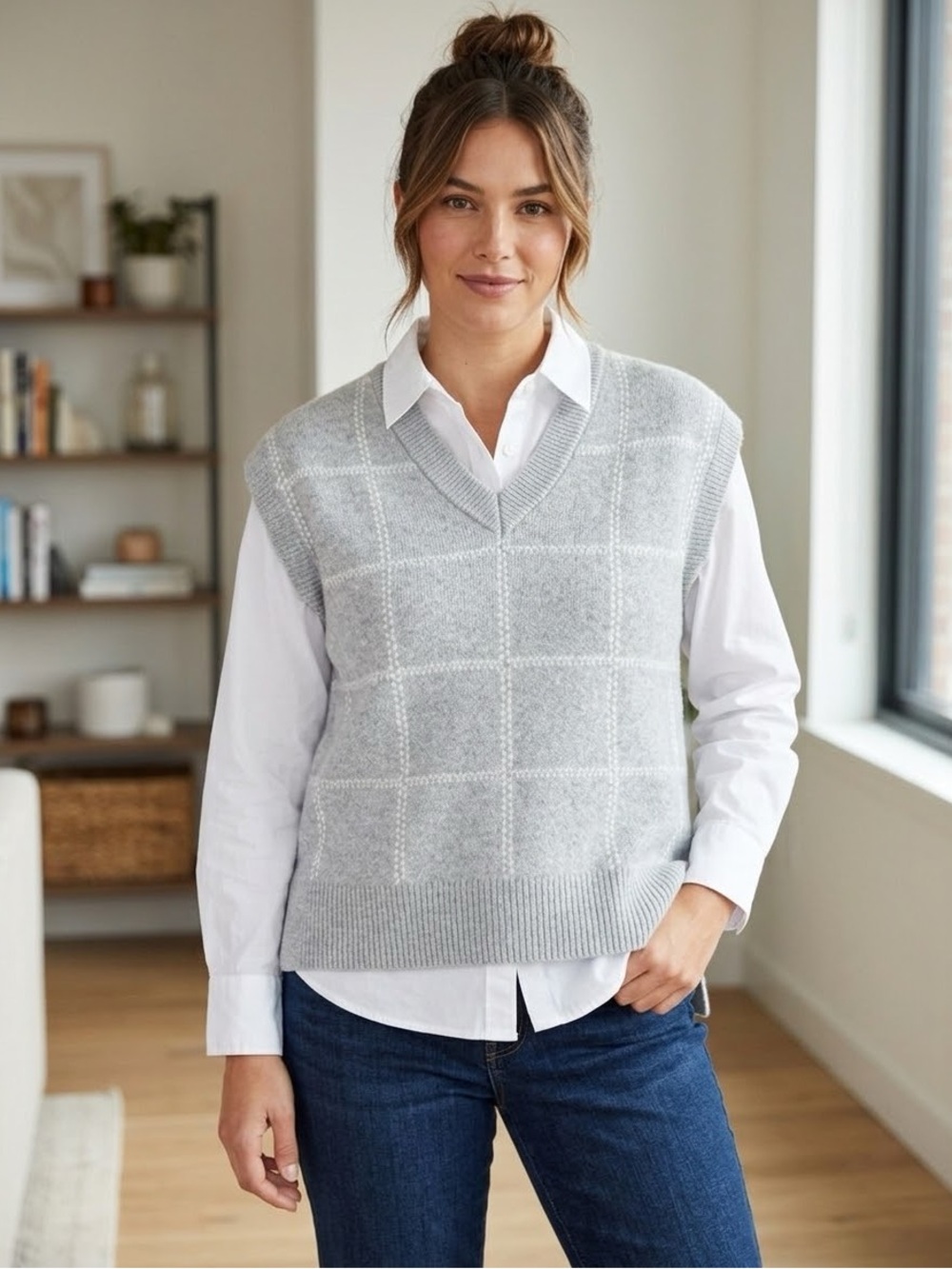 a new day Gray Windowpane V-Neck Sweater Vest